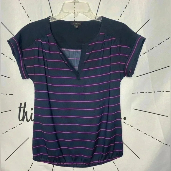 Ann Taylor Striped Split Neck Bubble Hem Top - Picture 2 of 5